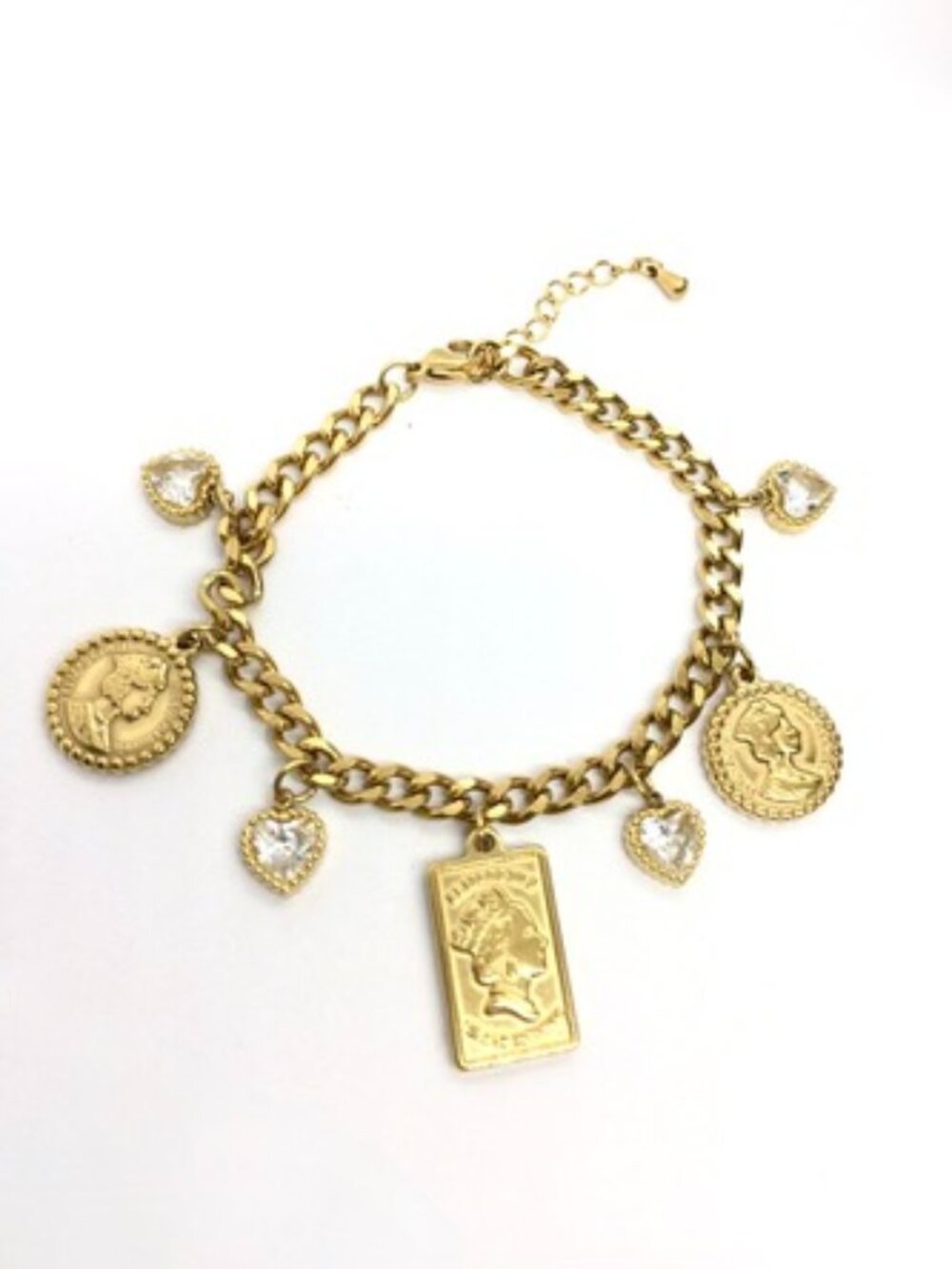 GOLD TONE CHARM Bracelet Queen Coin Gold Bar Rhinestone Heart